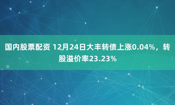 国内股票配资 12月24日大丰转债上涨0.04%，转股溢价率23.23%